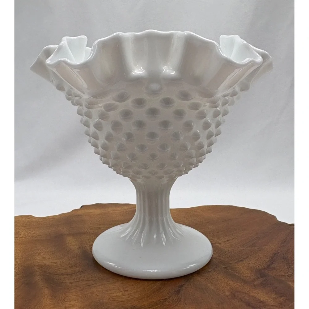 Vintage Fenton Hobnail Milk Glass Footed Compote Candy Dish Ruffled/Crimped Edge